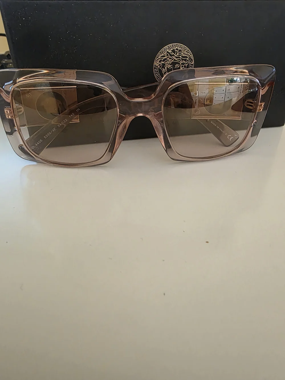 Versace Square Oversized Sunglasses in Blush Transparent Frame